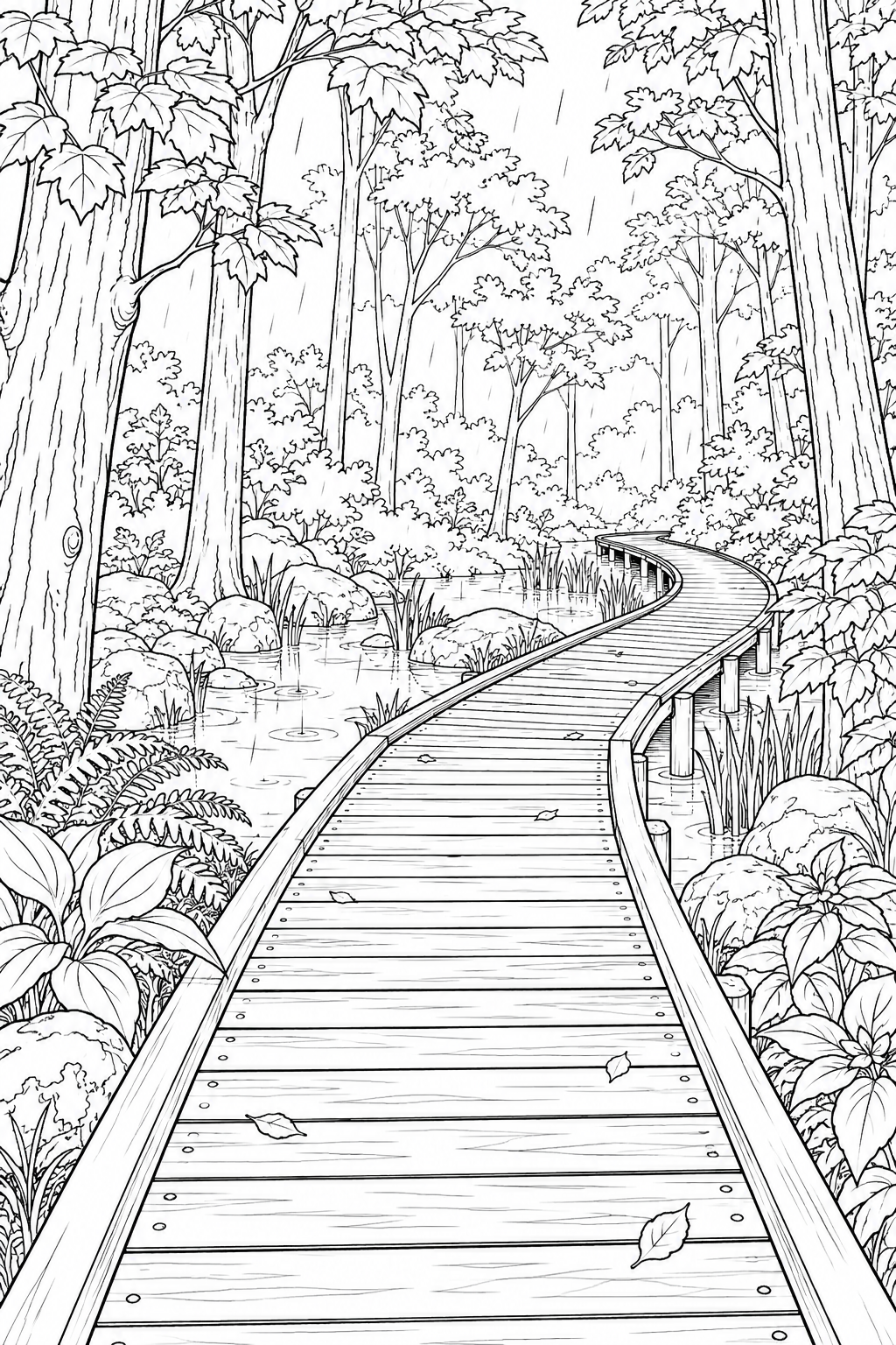 Dibujo de Pasarela de madera por un bosque lluvioso para colorear