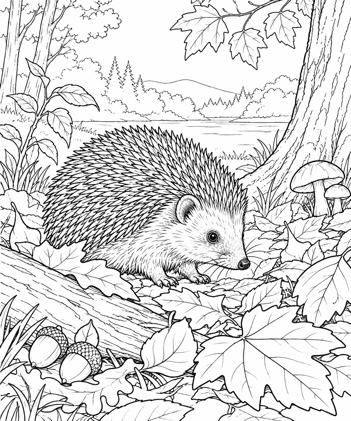 自然のひとこま:ハリネズミと落ち葉の塗り絵