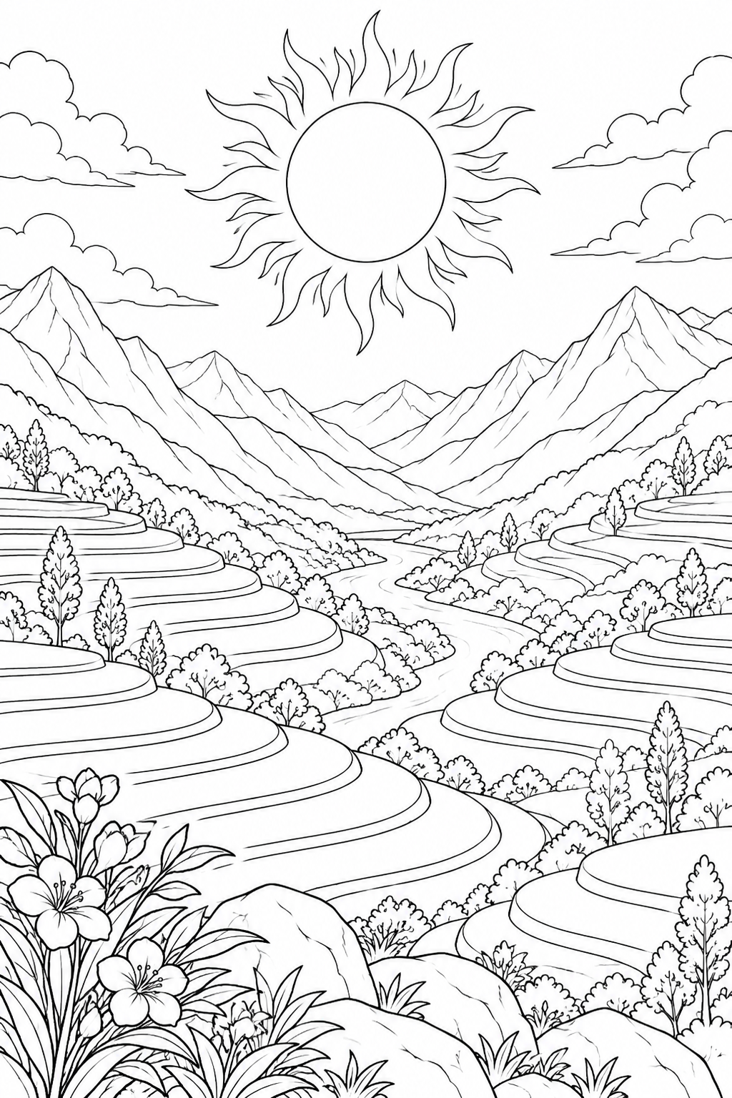 段々畑の谷と日食の光の輪の塗り絵