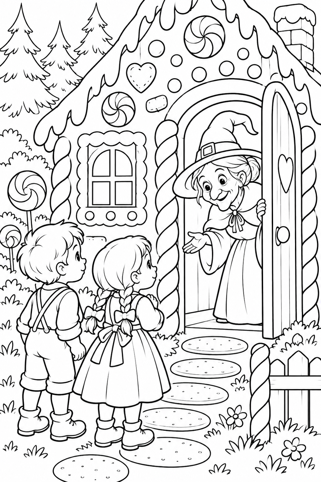 Hansel and Gretel:The witch at the candy doorway(Cozy) coloring page