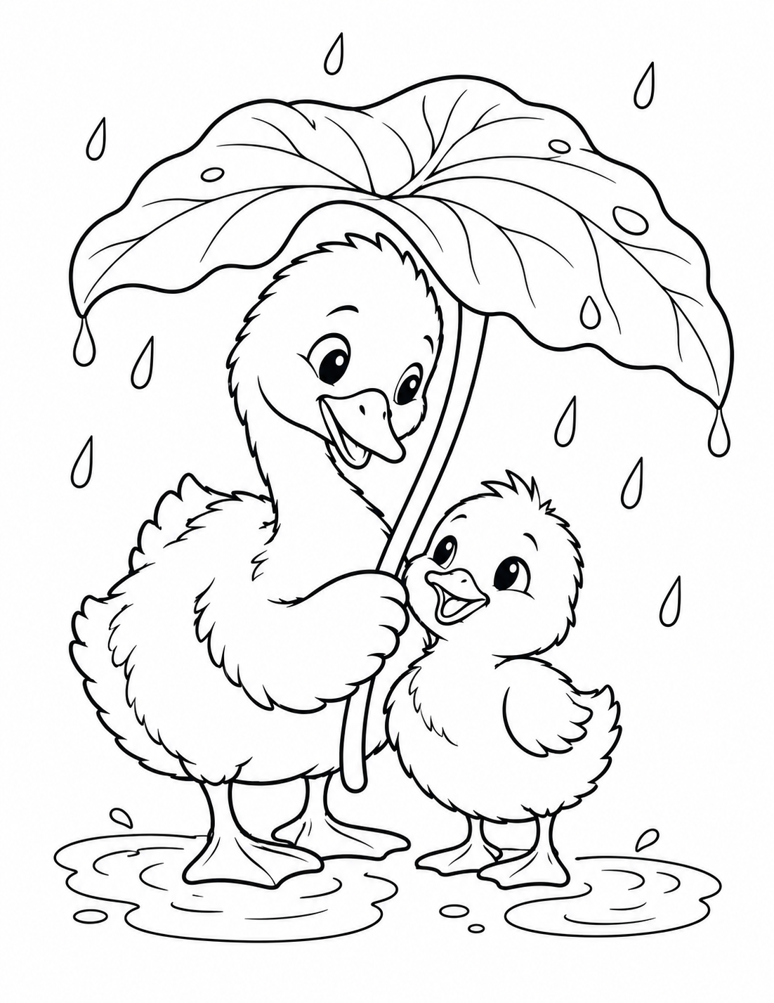 醜いアヒルの子：葉っぱの傘で雨やどりの塗り絵