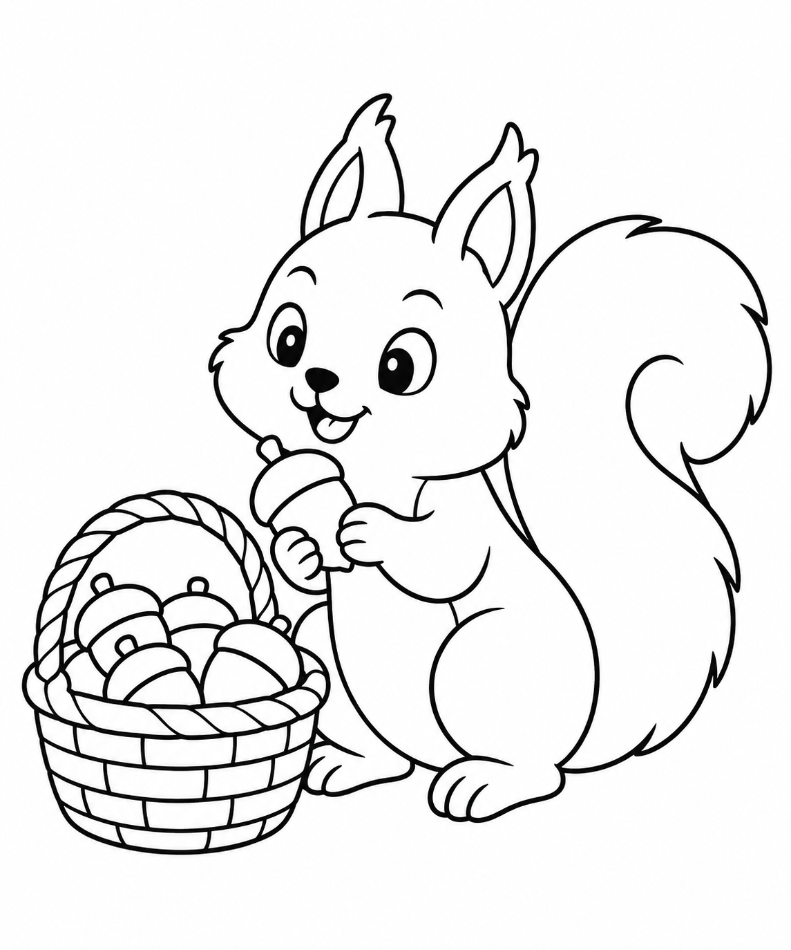Dibujo de Ardilla y cesta de bellotas para colorear