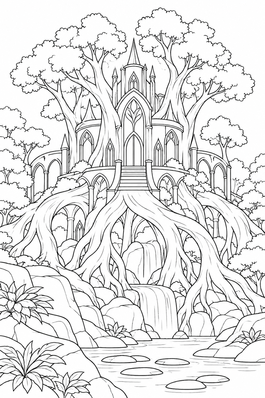 森の神殿を支える木の根の塗り絵
