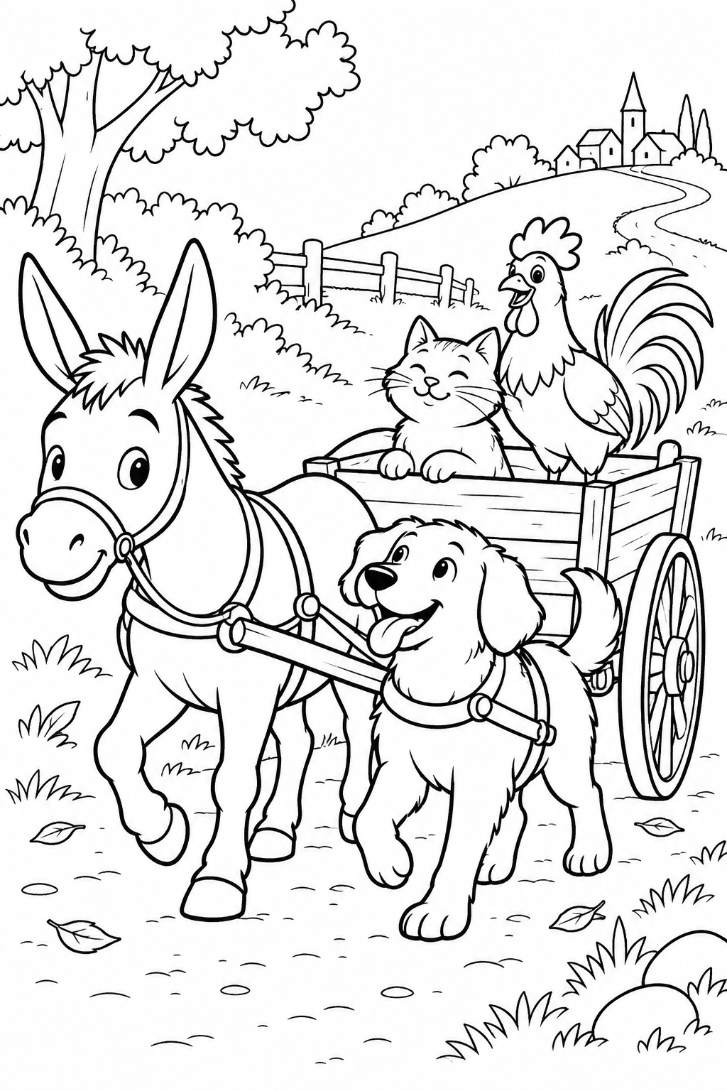 ブレーメンの音楽隊:小さな荷車でゆっくりおでかけの塗り絵