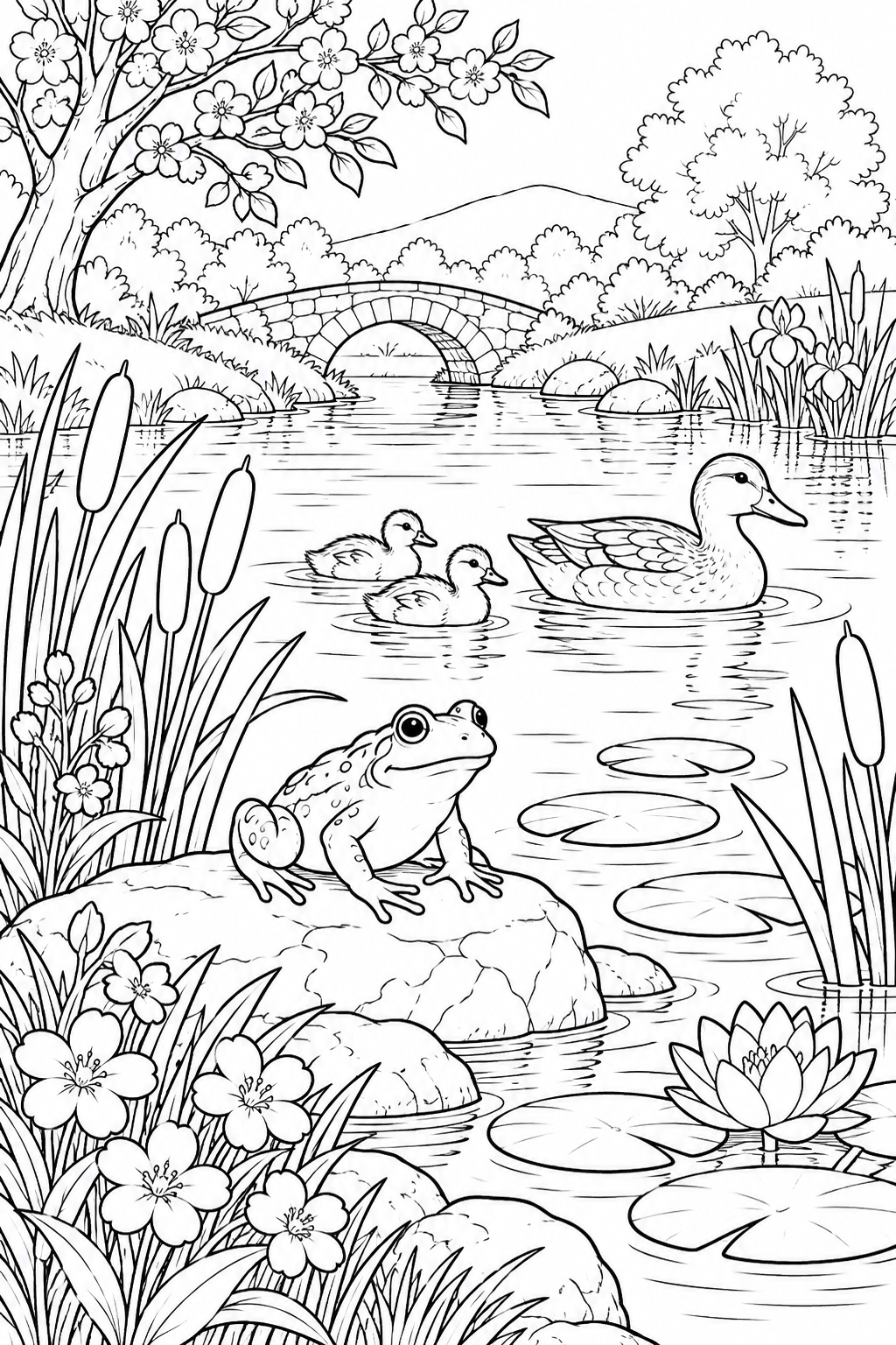 春の池のほとりの生きものの塗り絵