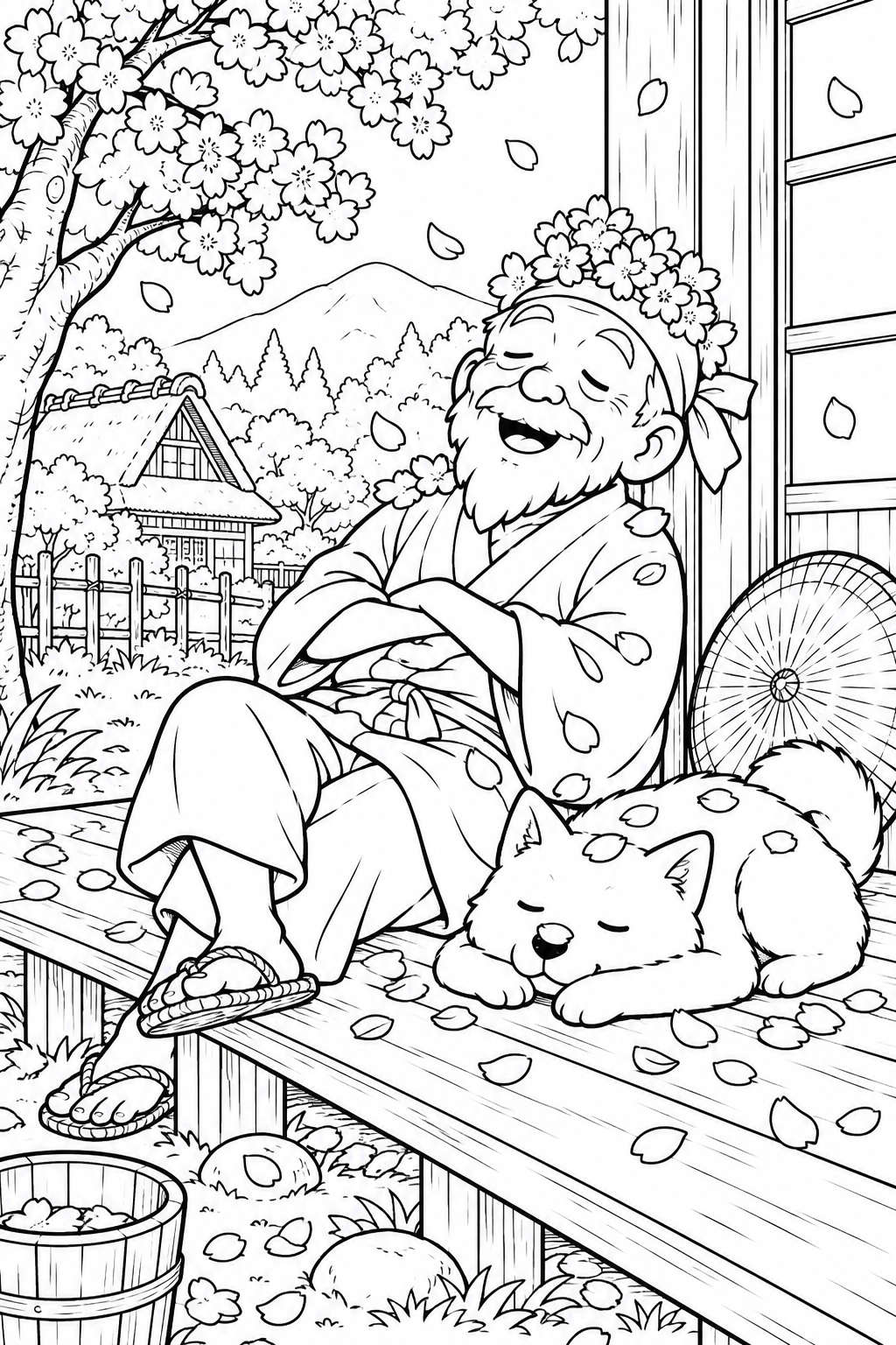 Dibujo de El anciano que hacía florecer los árboles: Una siesta le trae una corona de pétalos (Humor) para colorear