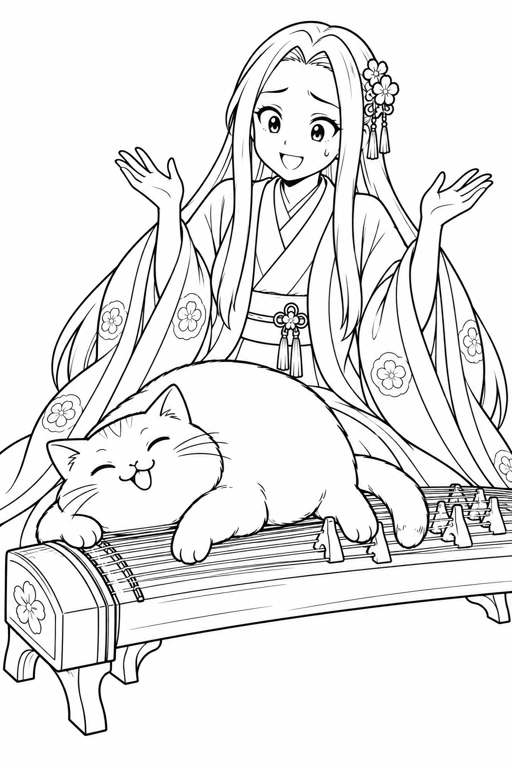 Dibujo de Un gato se tumba sobre el koto de Kaguya para colorear