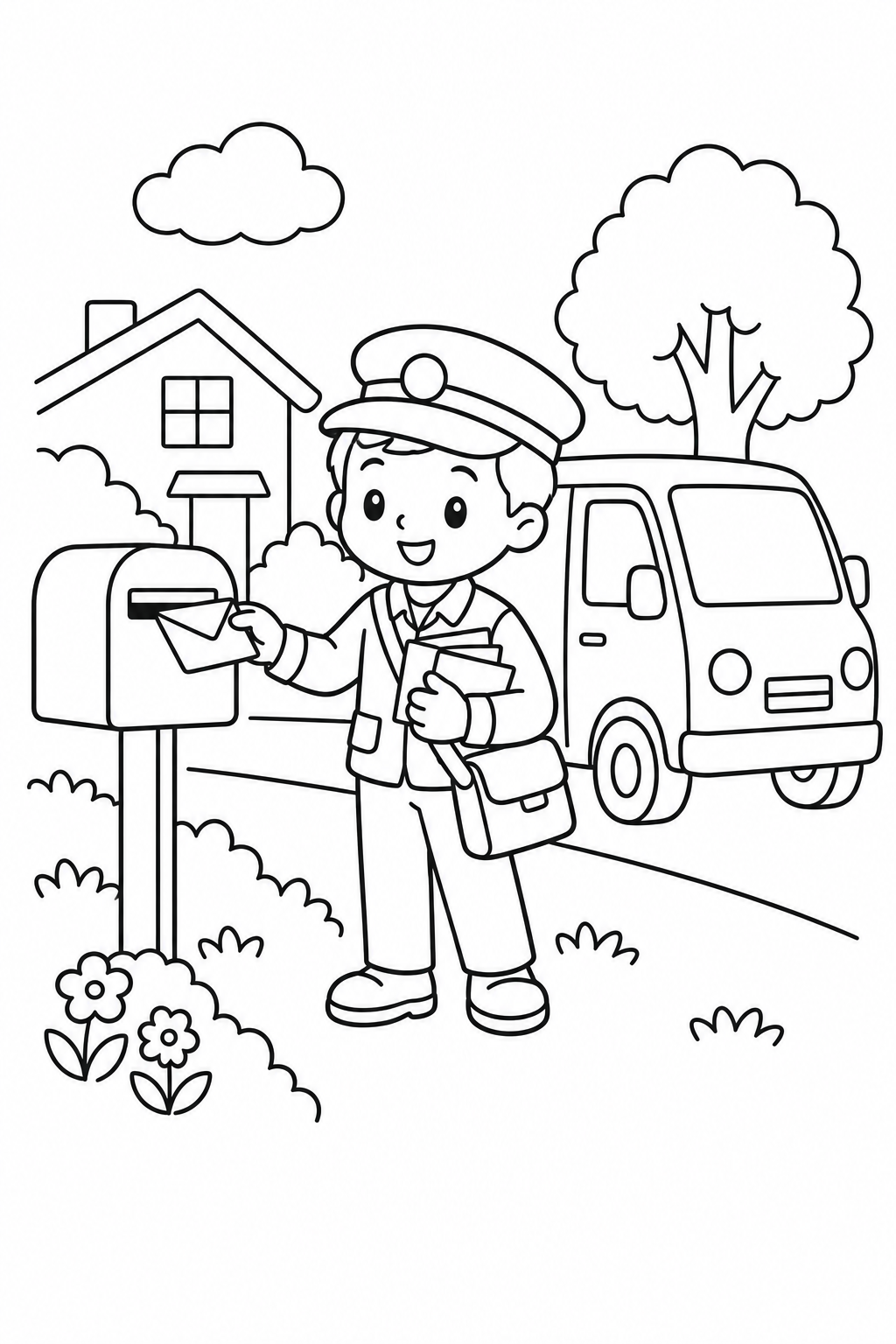 郵便配達車と郵便受けの塗り絵