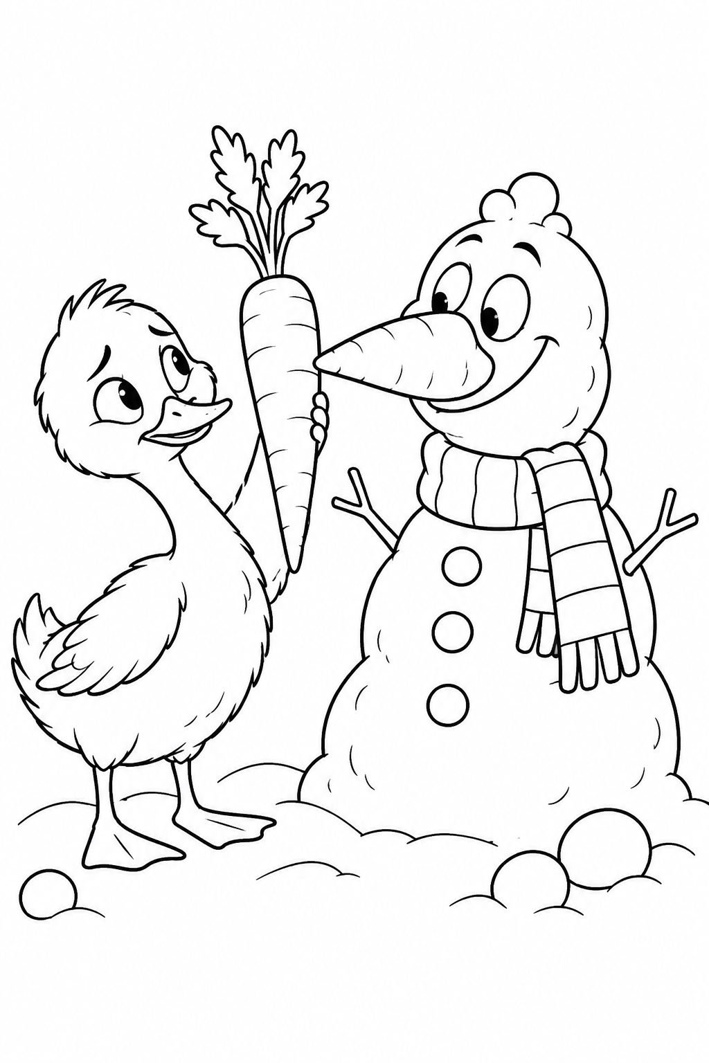 醜いアヒルの子:雪だるまのくちばしを借りたいの塗り絵