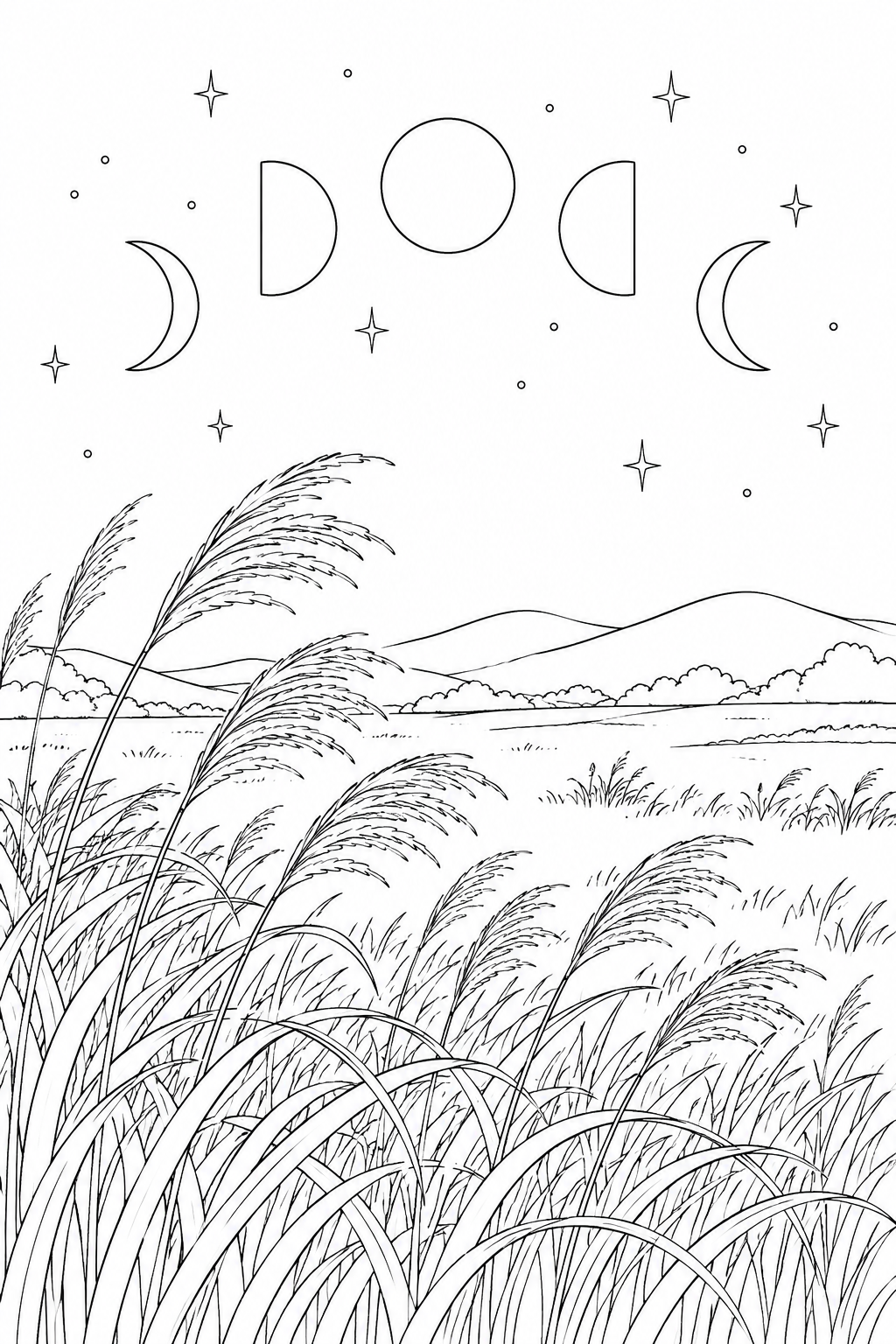 ススキの草原と月の満ち欠けの塗り絵