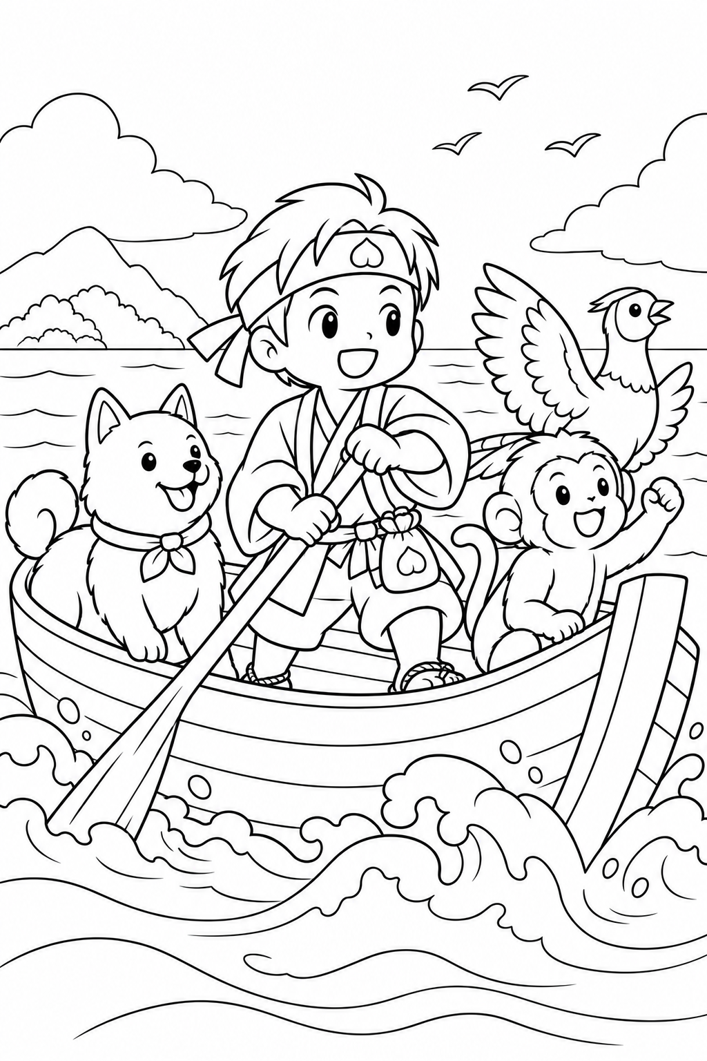 ほっこり桃太郎:桃太郎一行と波を越える舟の塗り絵
