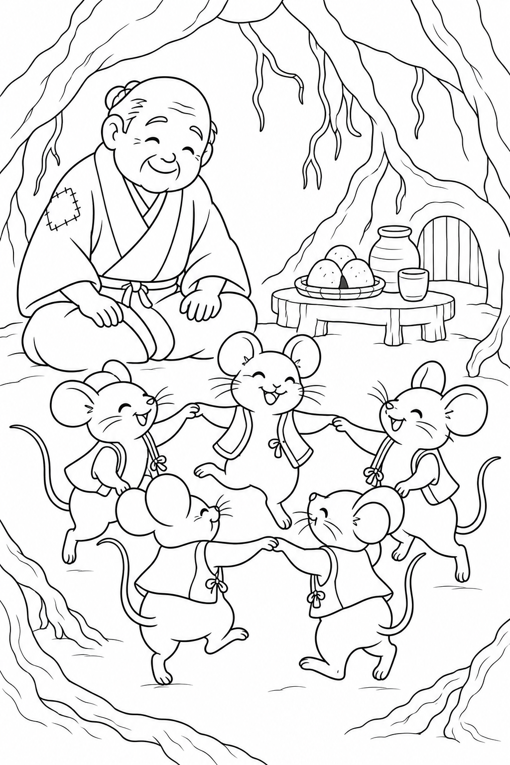 おむすびころりん・ほっこり:ねずみの歓迎の踊りの塗り絵