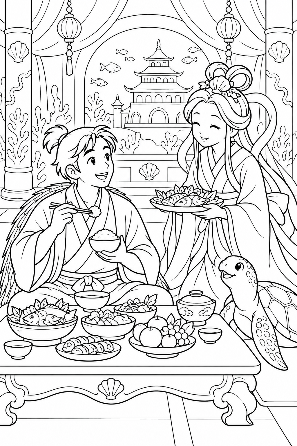 浦島太郎:海のごちそう(ほっこり)の塗り絵