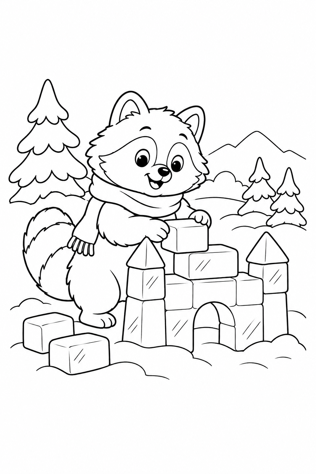 たぬきの氷のお城の塗り絵