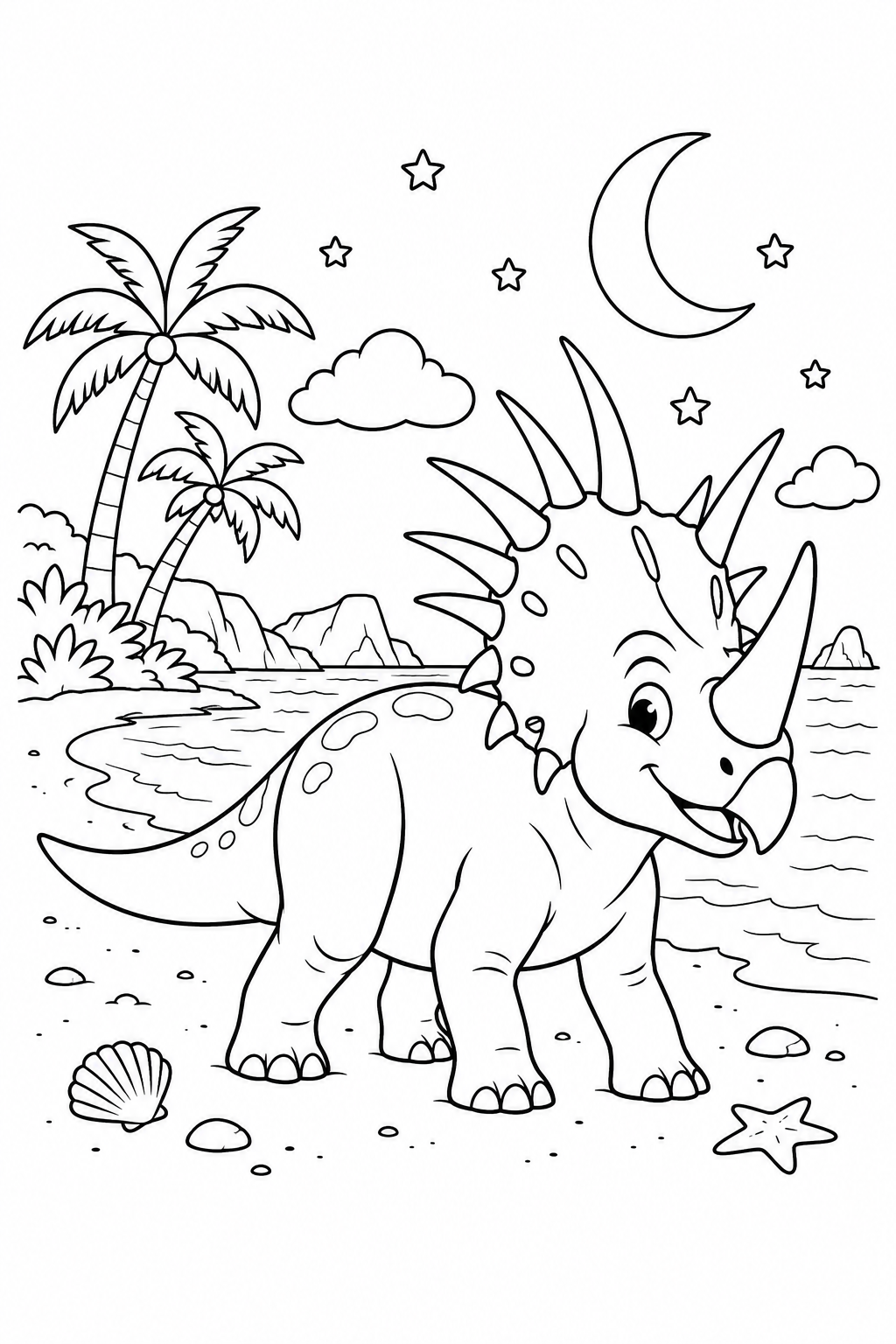 Dibujo de El estiracosaurio en la playa bajo la luna para colorear