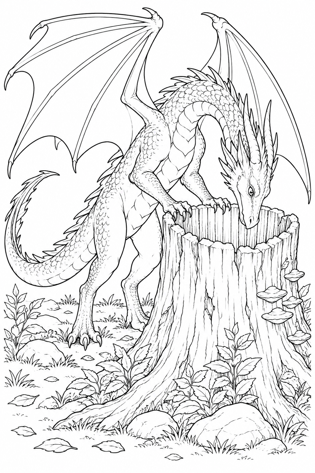 Coloriage Dragon regardant dans une souche