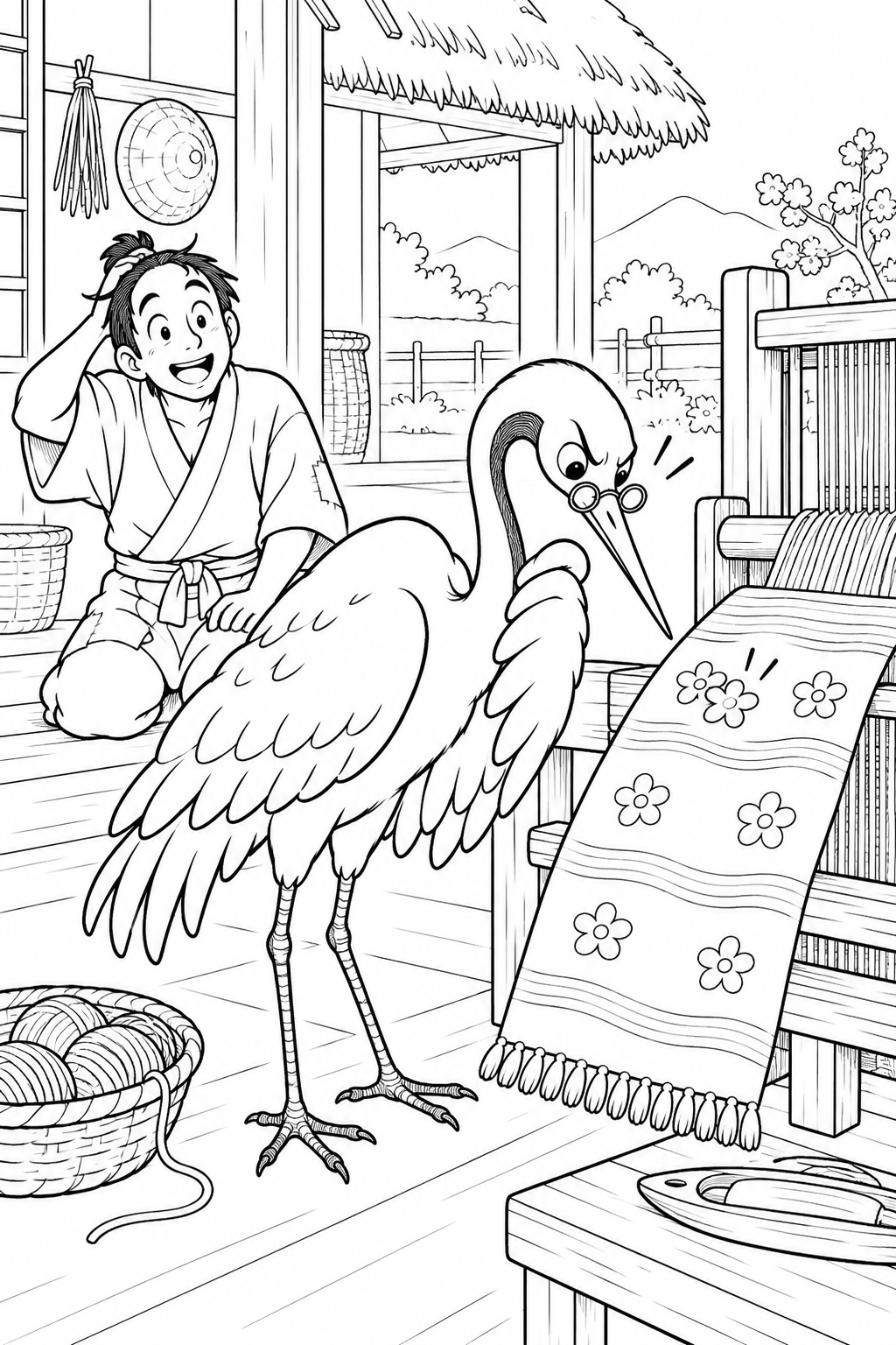 Dibujo de La grulla agradecida:La grulla con gafas inspecciona su trabajo para colorear
