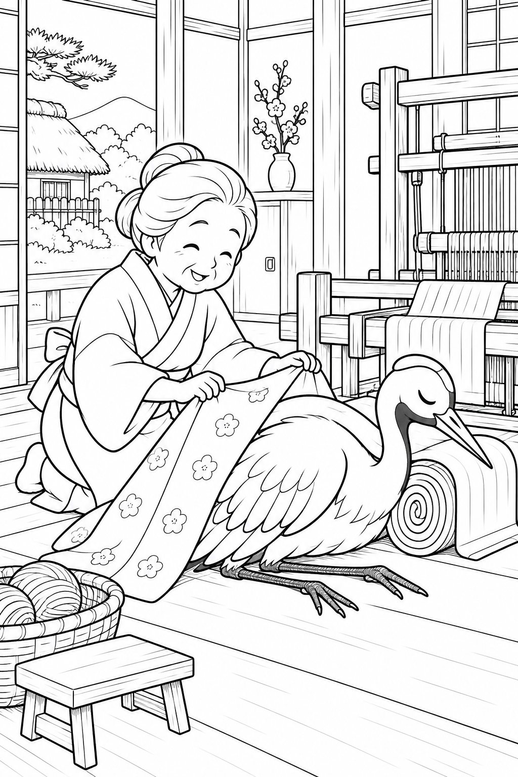 つるの恩返し：反物まくらでひとやすみの塗り絵