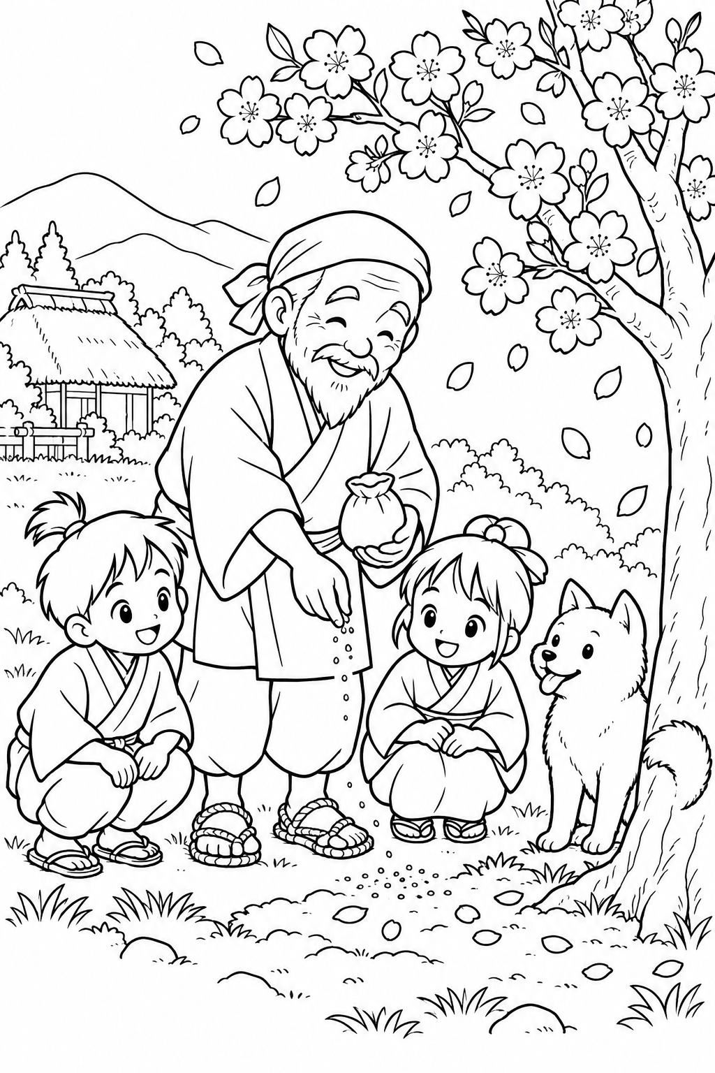 Dibujo de El anciano que hacía florecer los árboles: Enseñando a los niños a hacer florecer los árboles (Acogedor) para colorear
