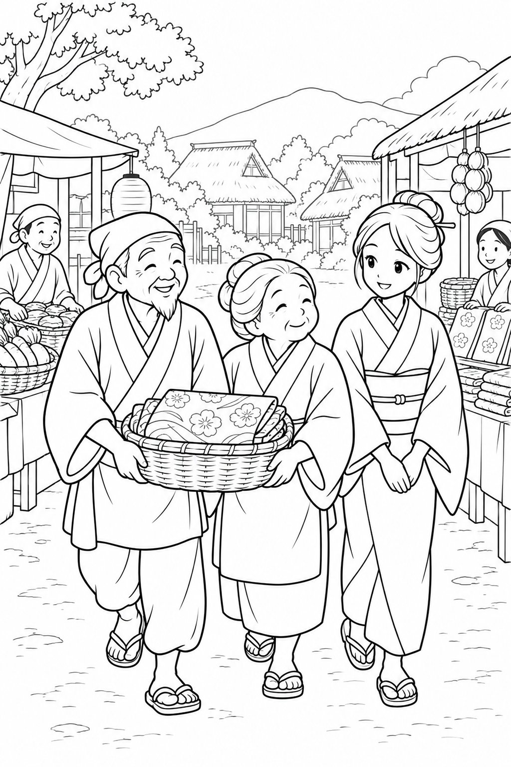 つるの恩返し：反物をかごに入れて町への塗り絵