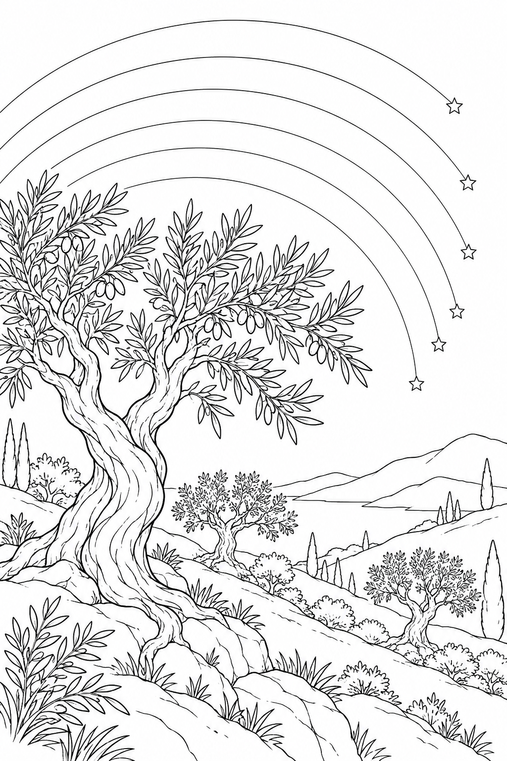 オリーブの丘と星の軌跡の塗り絵