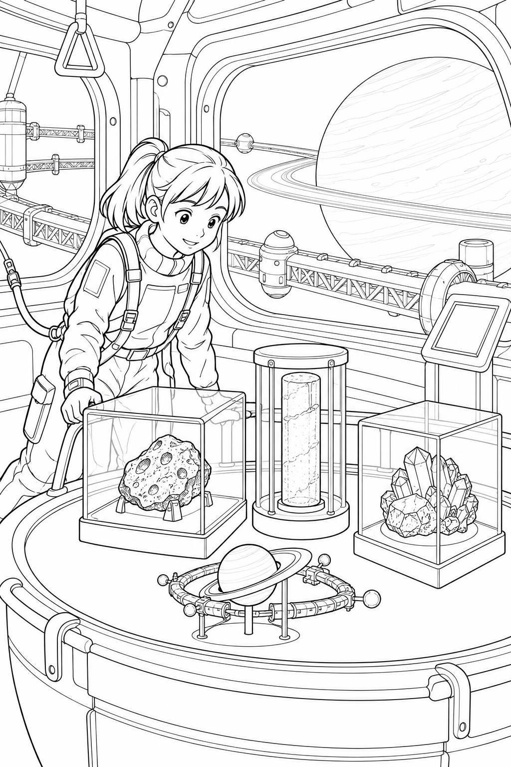 環のある惑星の軌道基地：探査標本の展示室の塗り絵