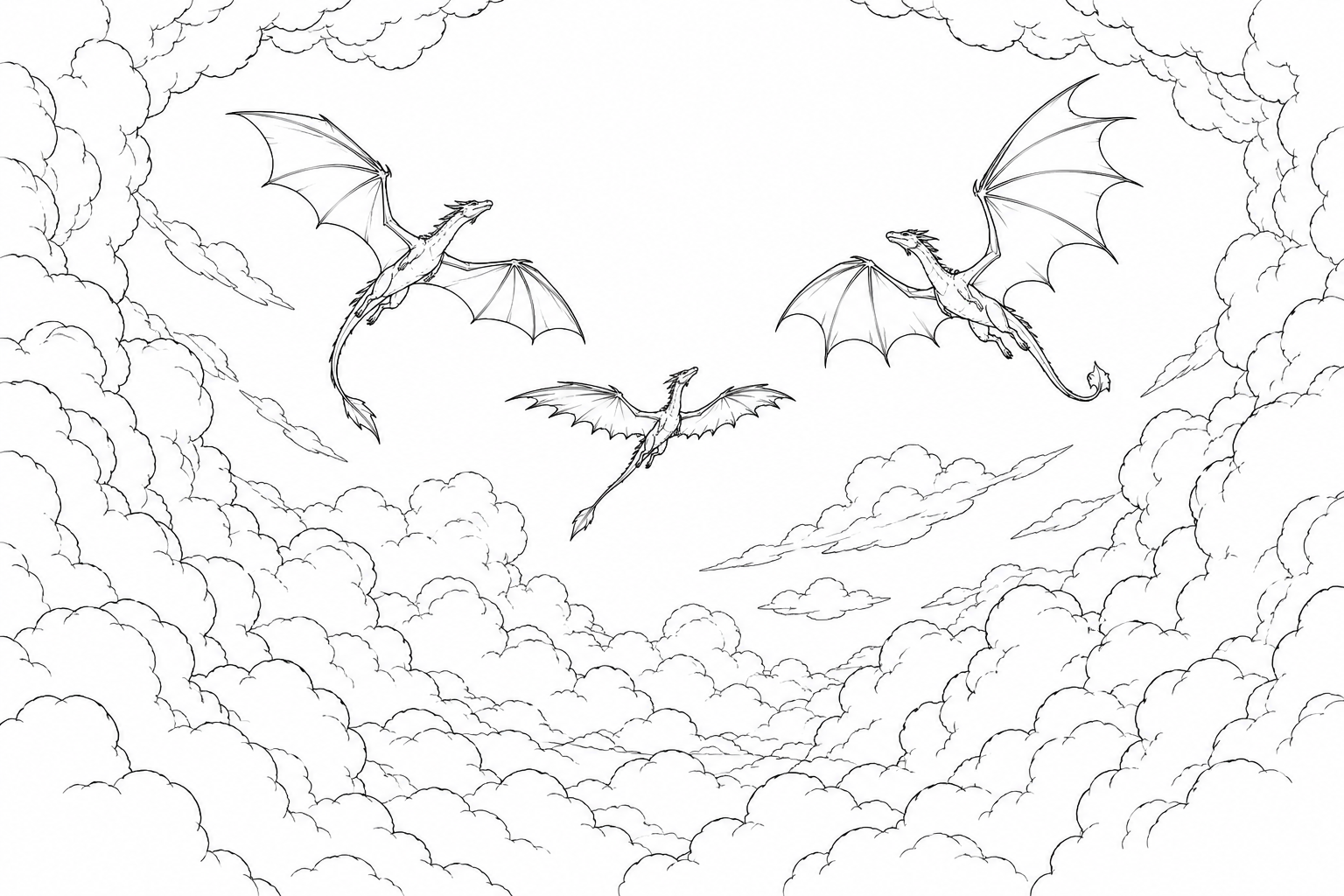 Coloriage Dragons traversant une trouée de nuages