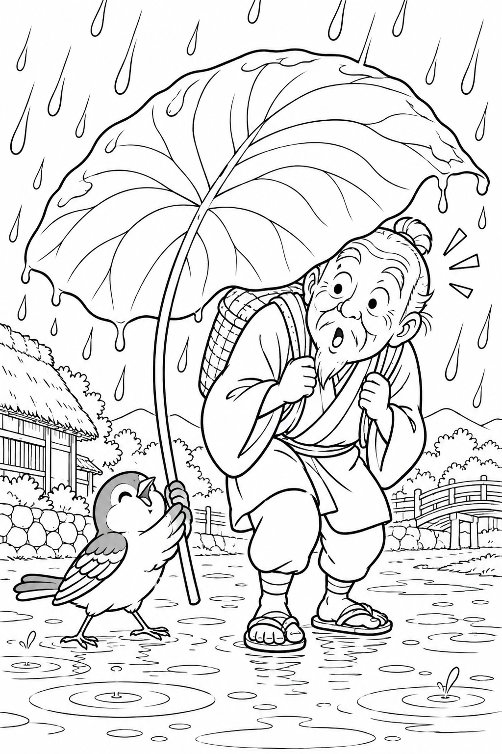 Dibujo de El gorrión de la lengua cortada — El paraguas de hoja es demasiado grande para colorear