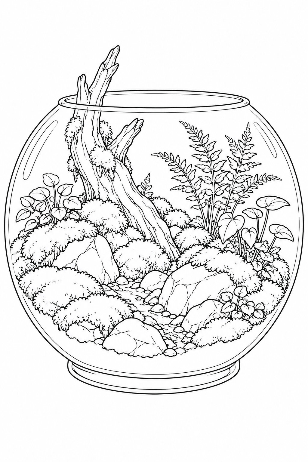ガラス鉢に広がる苔の森の塗り絵