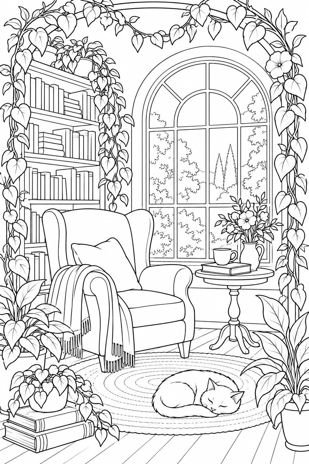 つる植物が囲む植物図書室の塗り絵