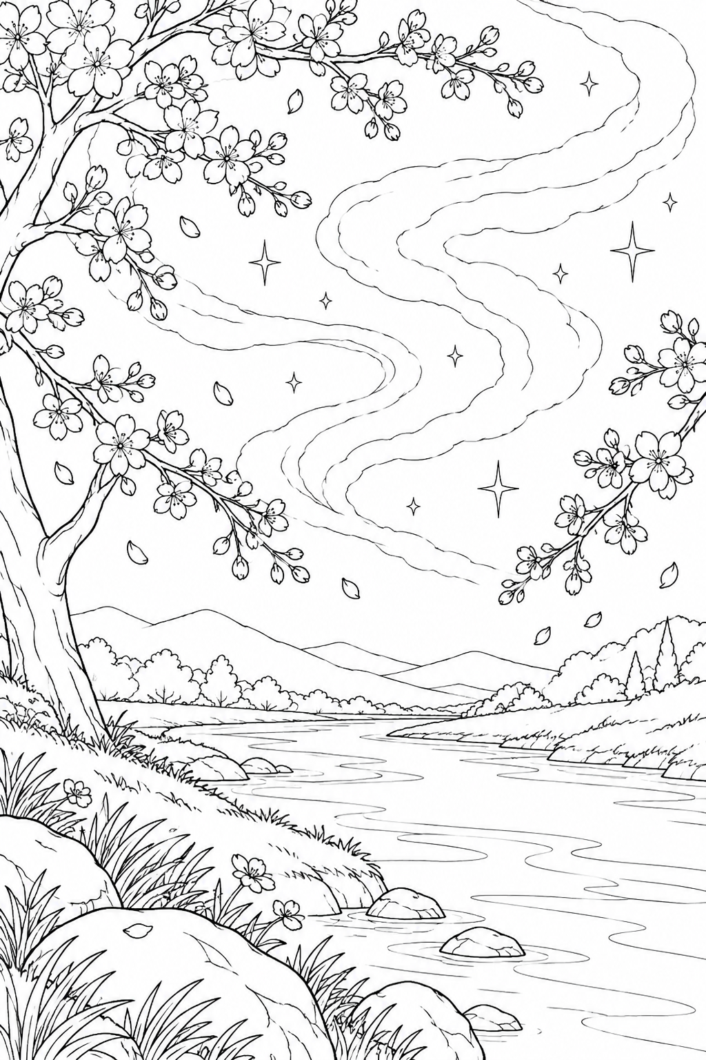 桜の枝と川辺と星雲のゆらめきの塗り絵