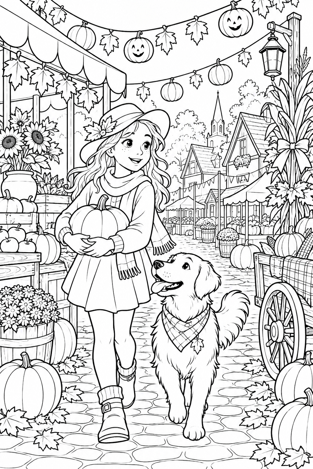 Coloriage Ruelle décorée pour la fête — automne