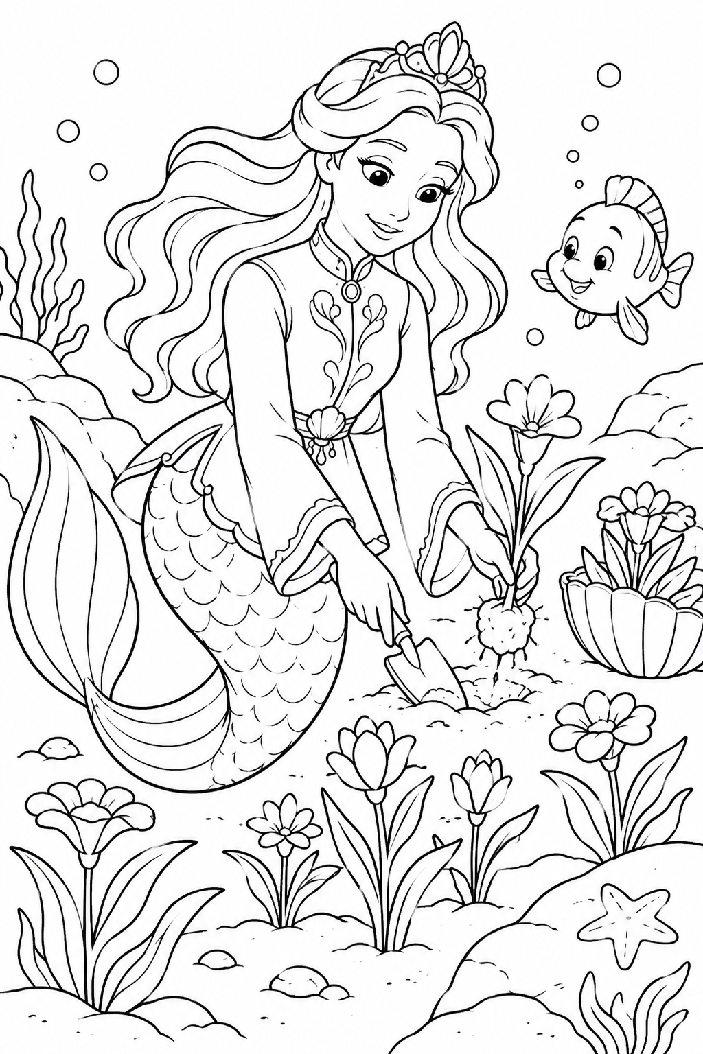人魚姫：海底の花壇づくりの塗り絵