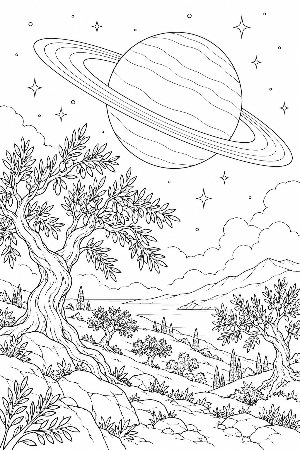 橄榄树山丘 — 带环行星涂色页