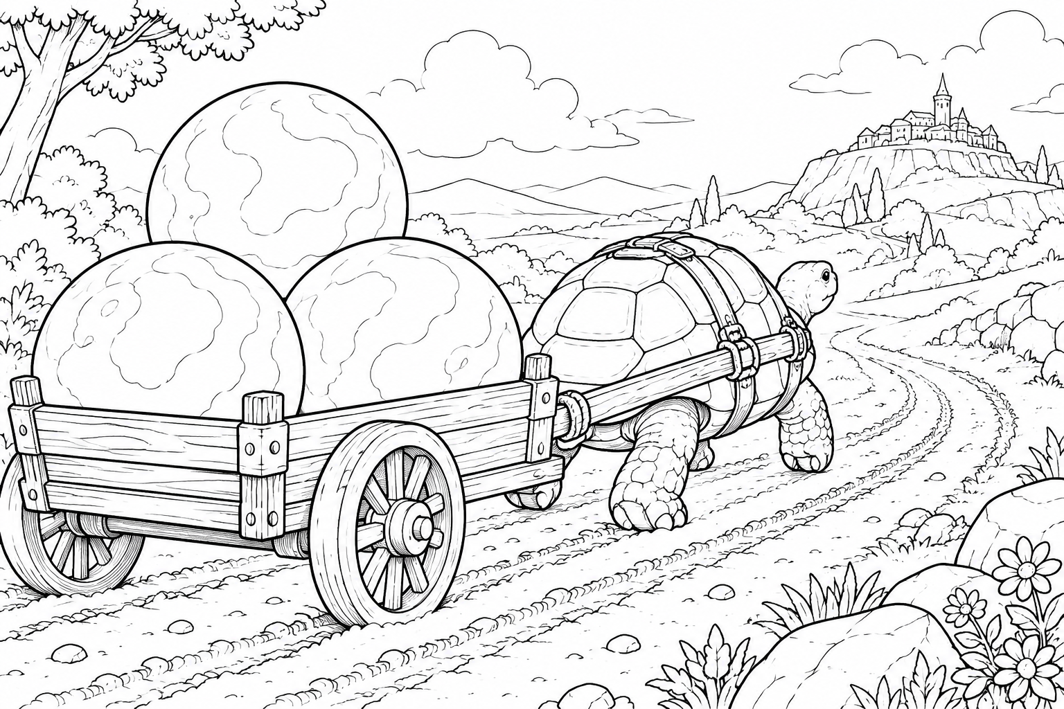 Desenho de Carroça de tartaruga transportando pedras lunares para colorir