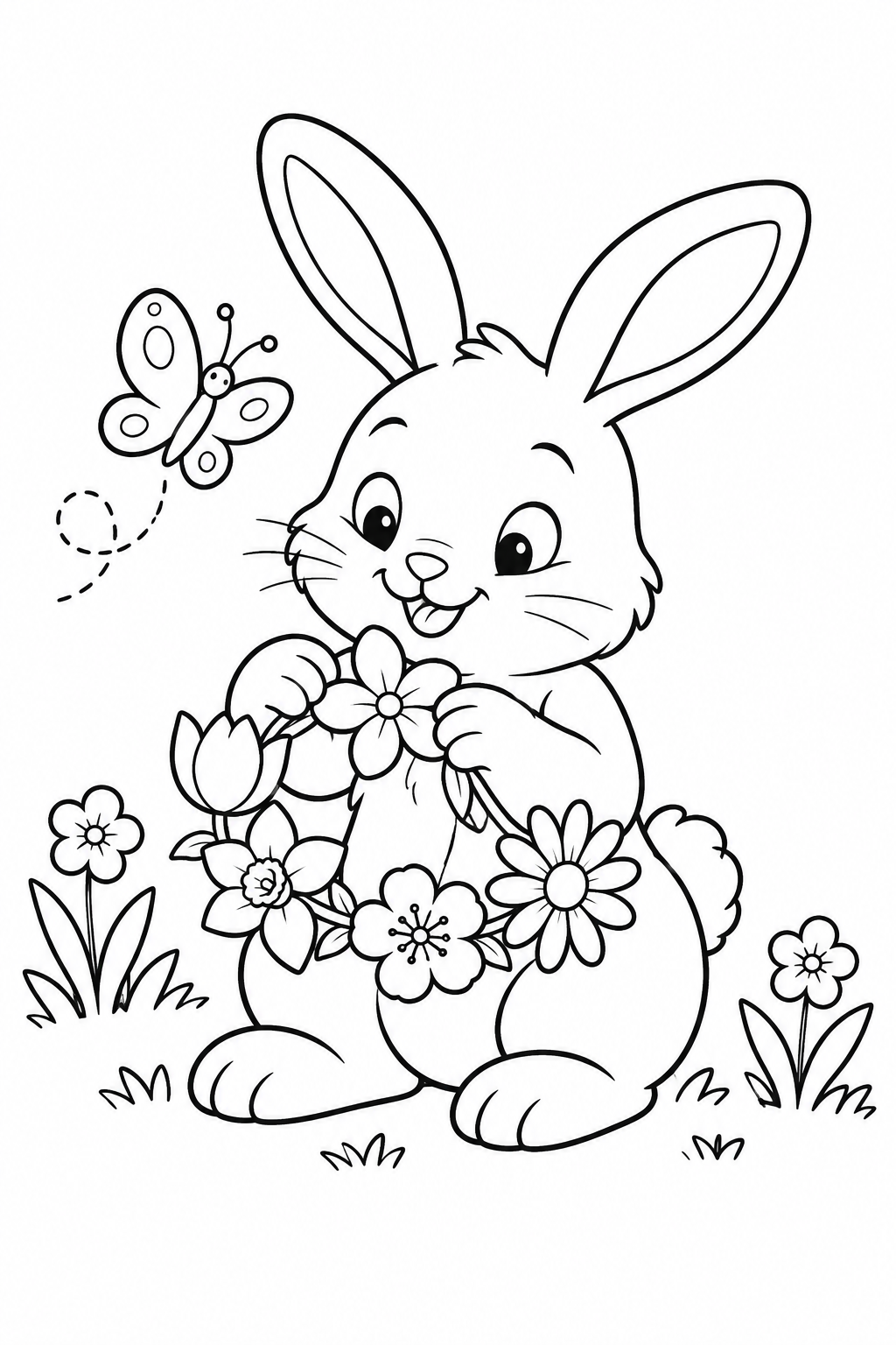 うさぎの花かんむり作りの塗り絵