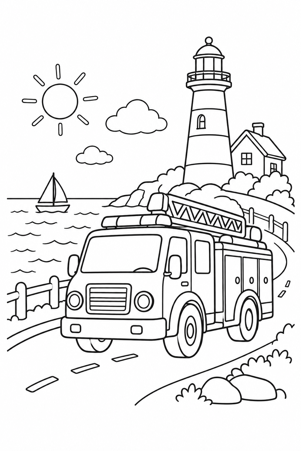 消防車と海沿いの道の塗り絵
