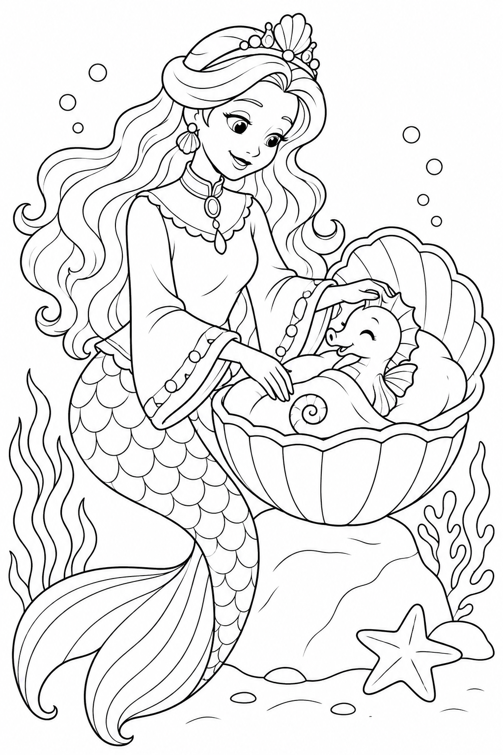 人魚姫：タツノオトシゴのゆりかごの塗り絵