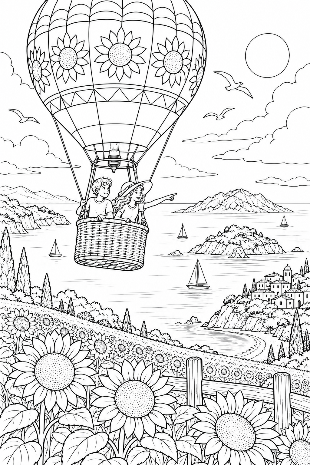 夏の気球で見つける景色の塗り絵