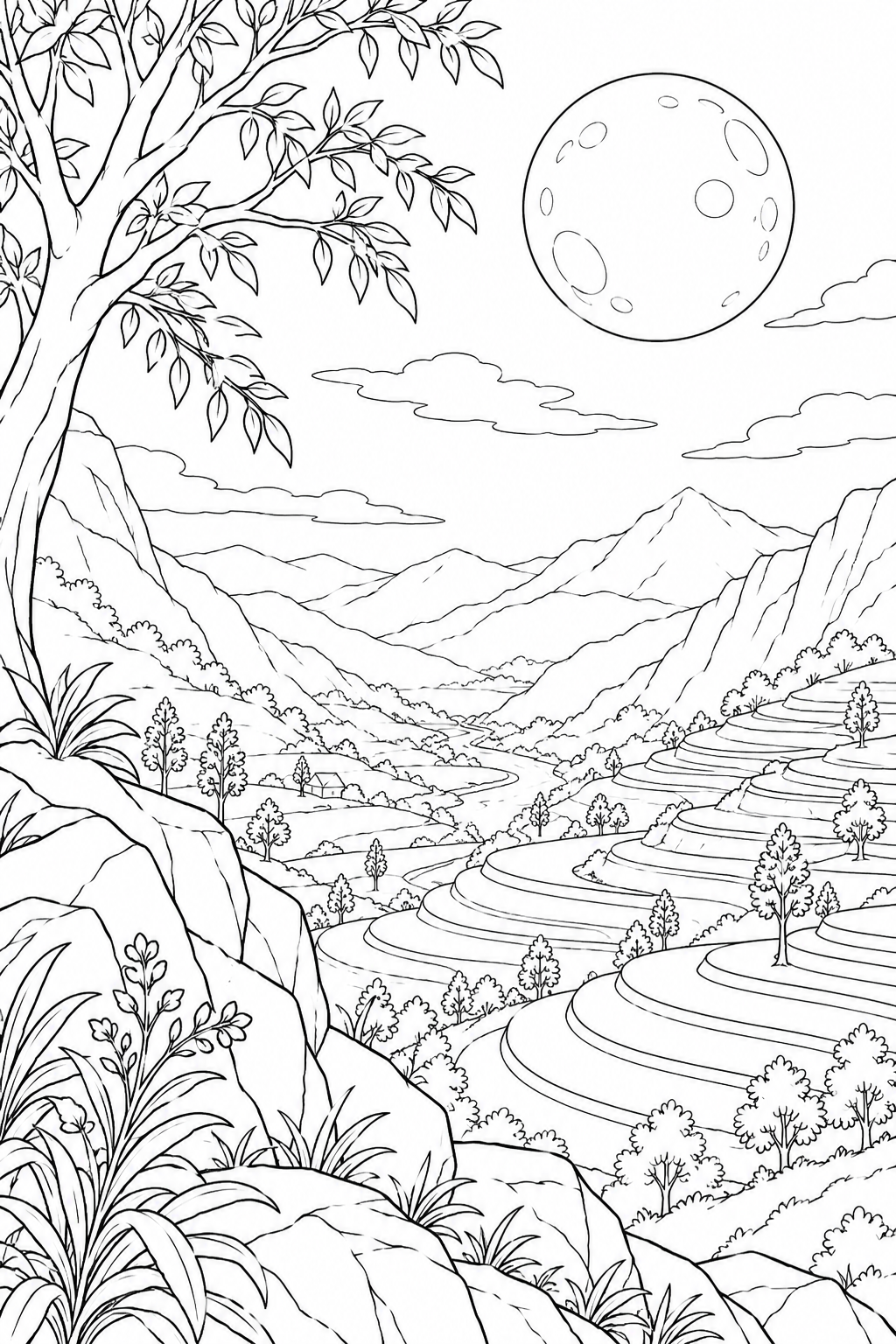 段々畑の谷と満月の塗り絵