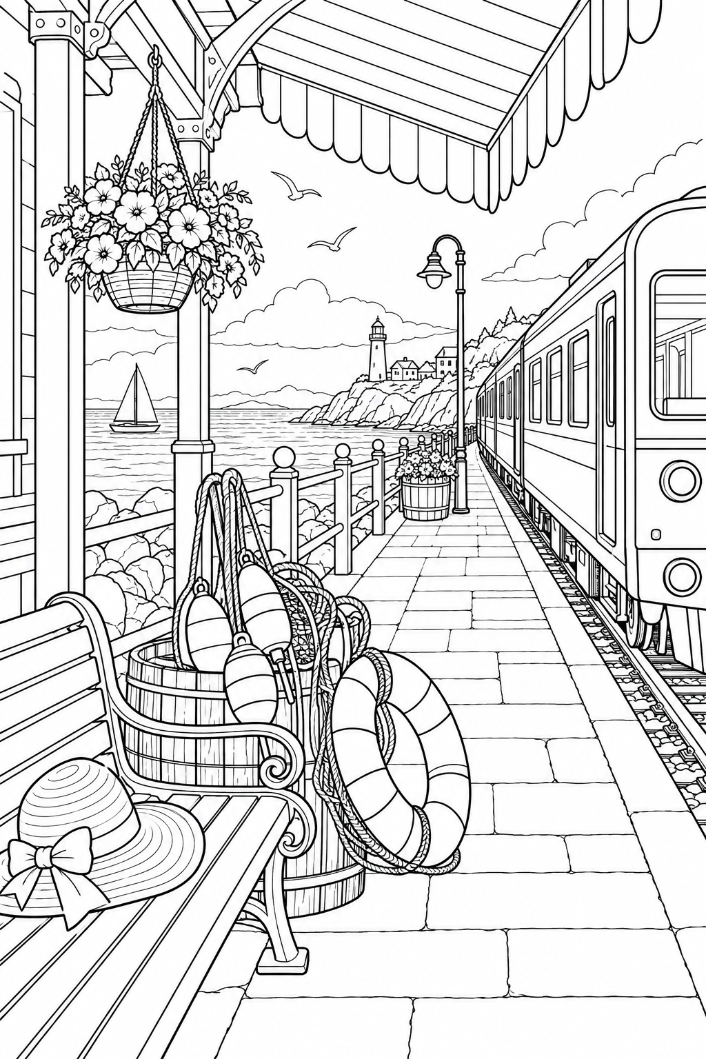 夏の小さな駅の旅じたくの塗り絵