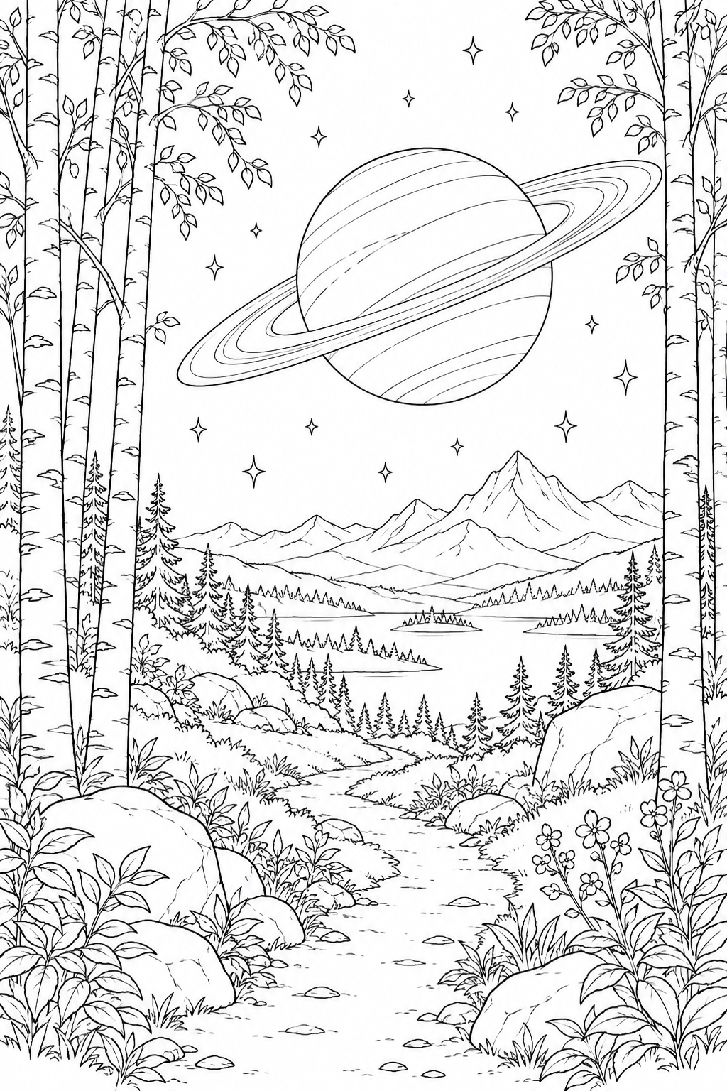 白樺林の小道と環のある惑星の塗り絵