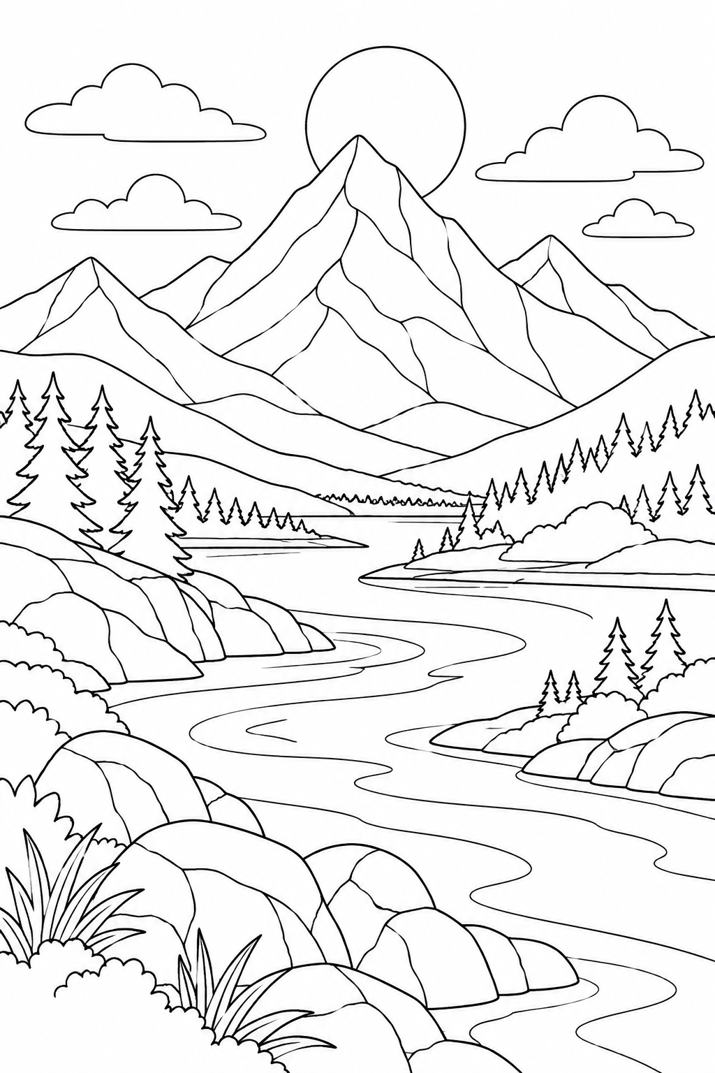 山並みと川を重ねた幾何学風景の塗り絵