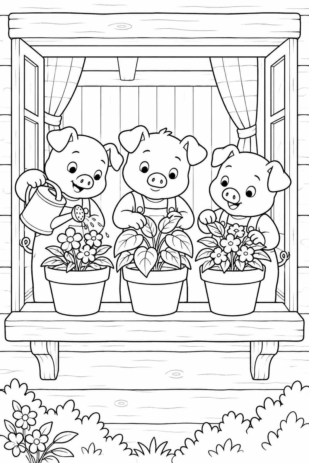 三只小猪：木屋窗边的盆栽涂色页