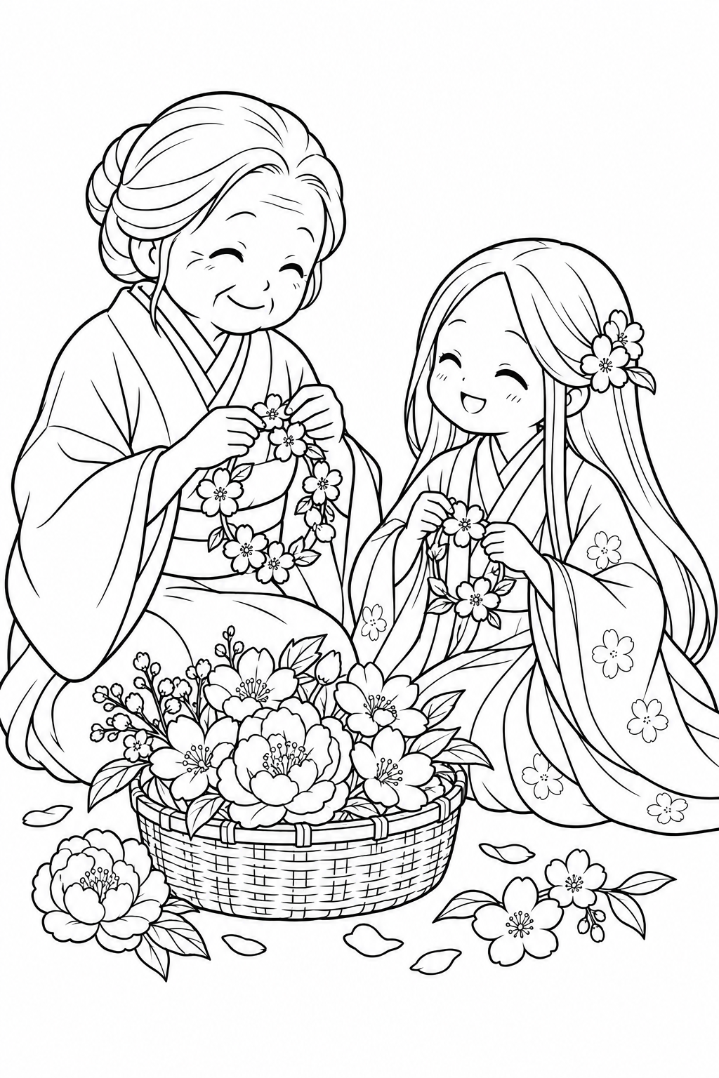 かぐや姫の花かんむりづくりの塗り絵