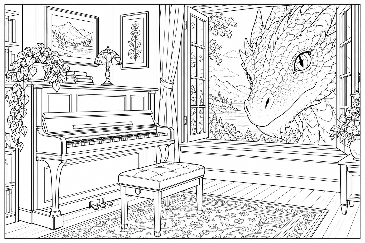 Desenho de Grande dragão na janela da sala de música para colorir