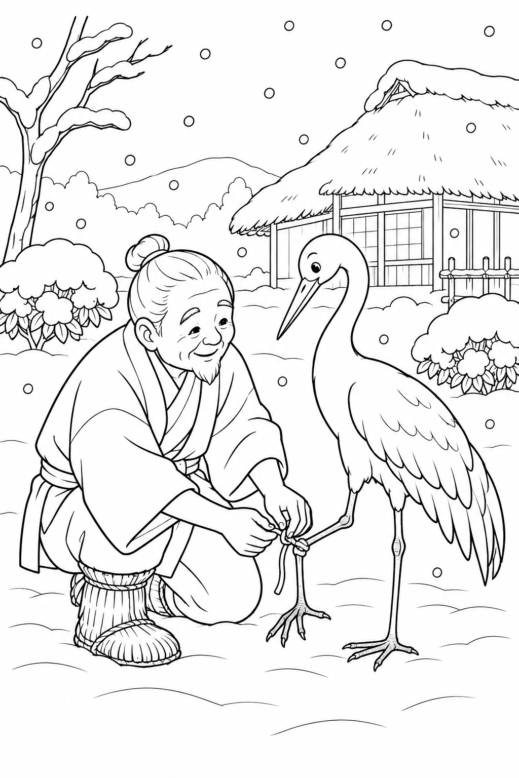 Coloriage La grue reconnaissante:Un vieil homme sauve une grue dans la neige