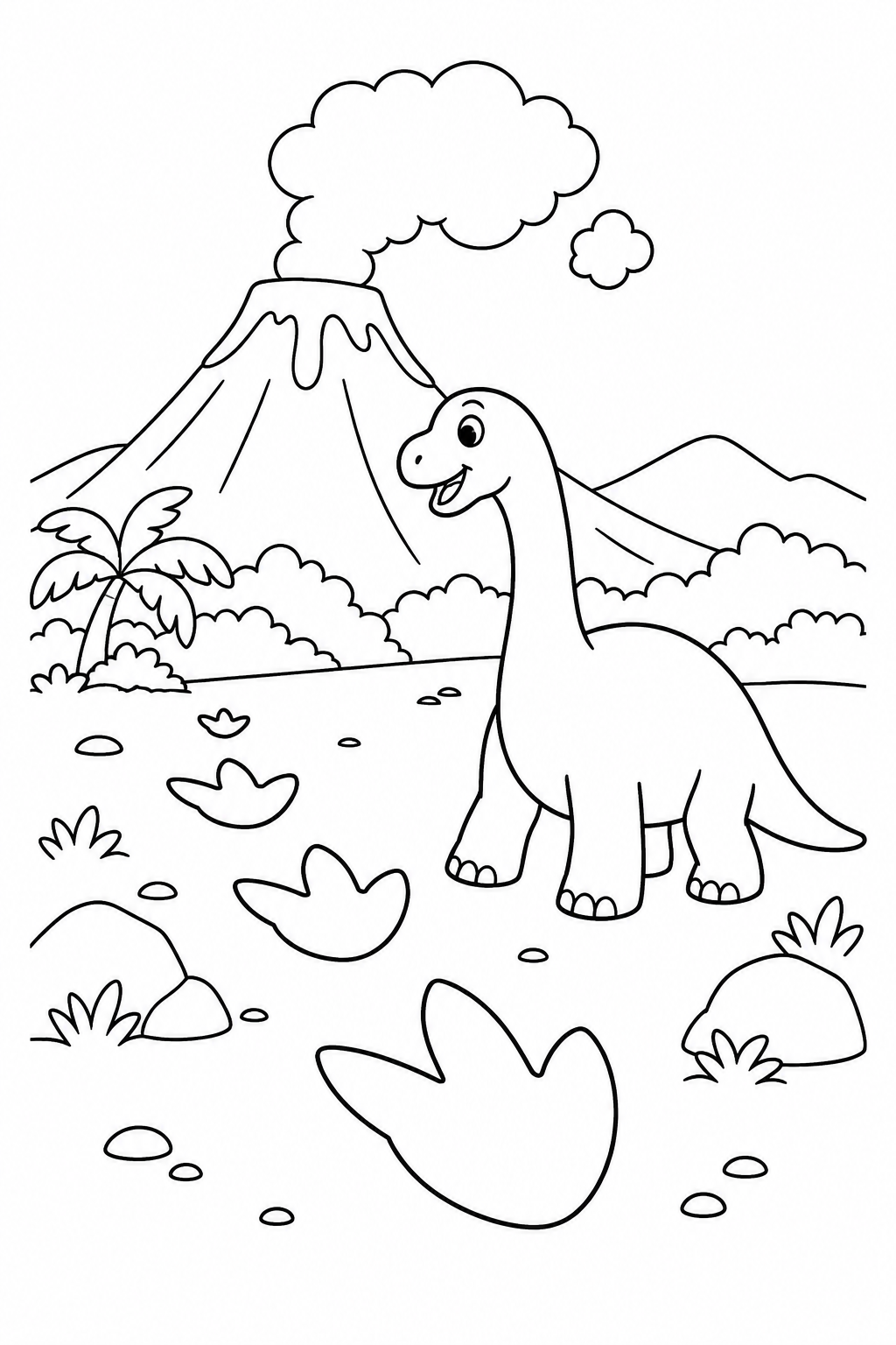 Dibujo de Volcán y huellas de dinosaurio para colorear