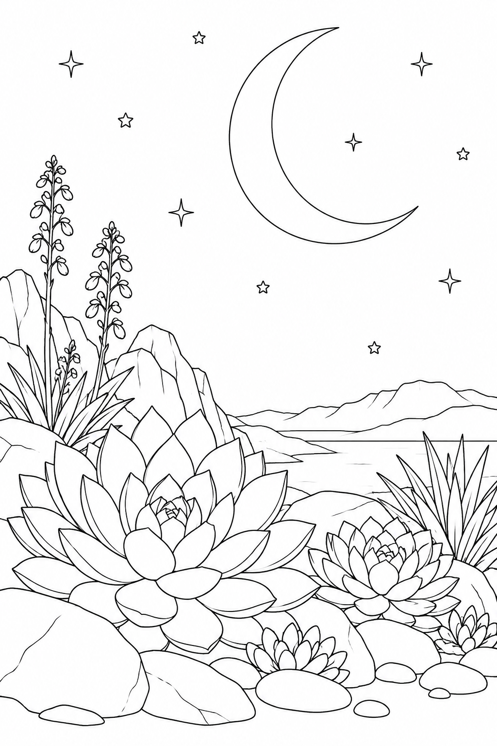 多肉植物の岩庭と三日月の塗り絵