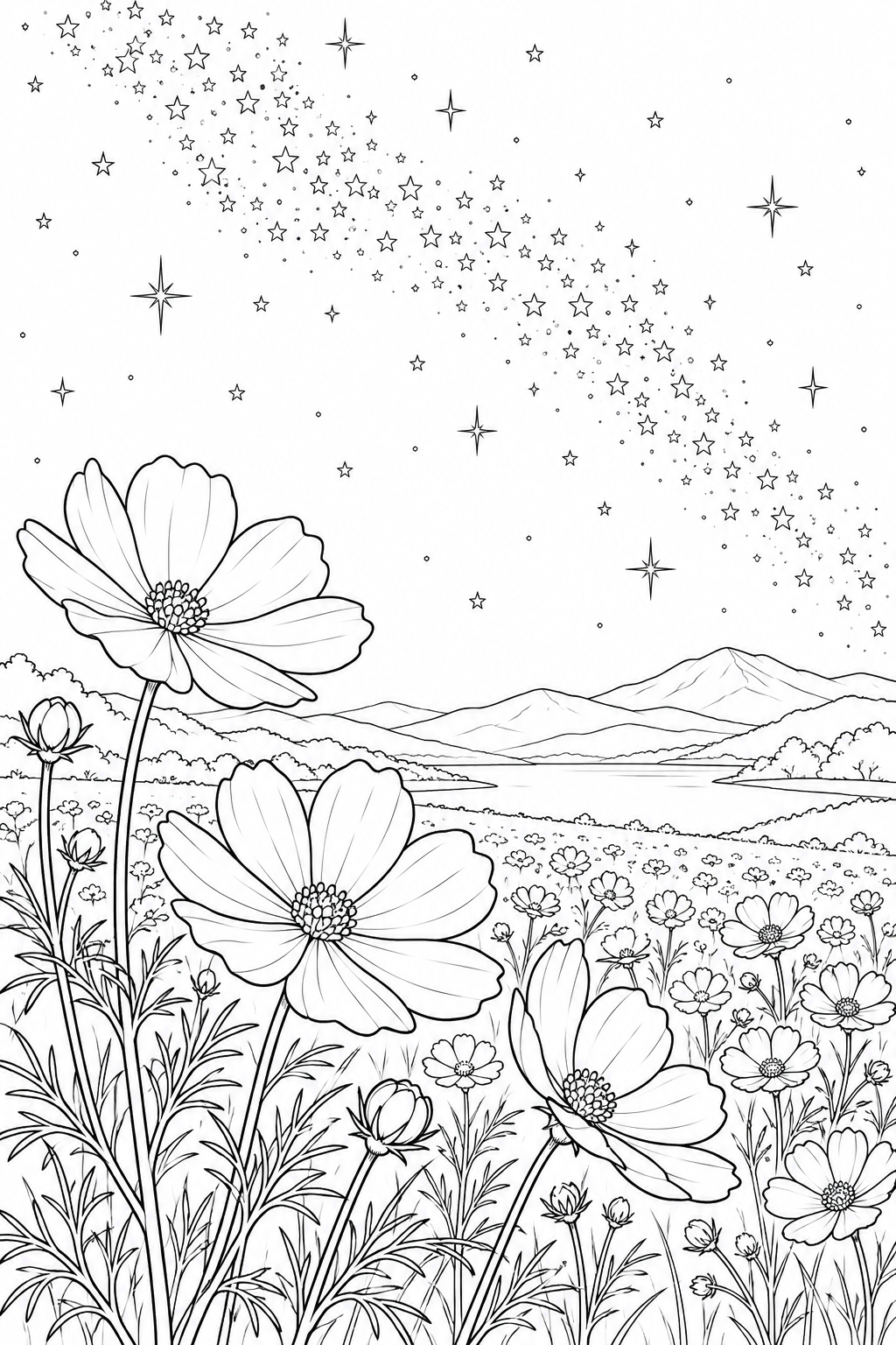 コスモスの花畑と天の川の塗り絵